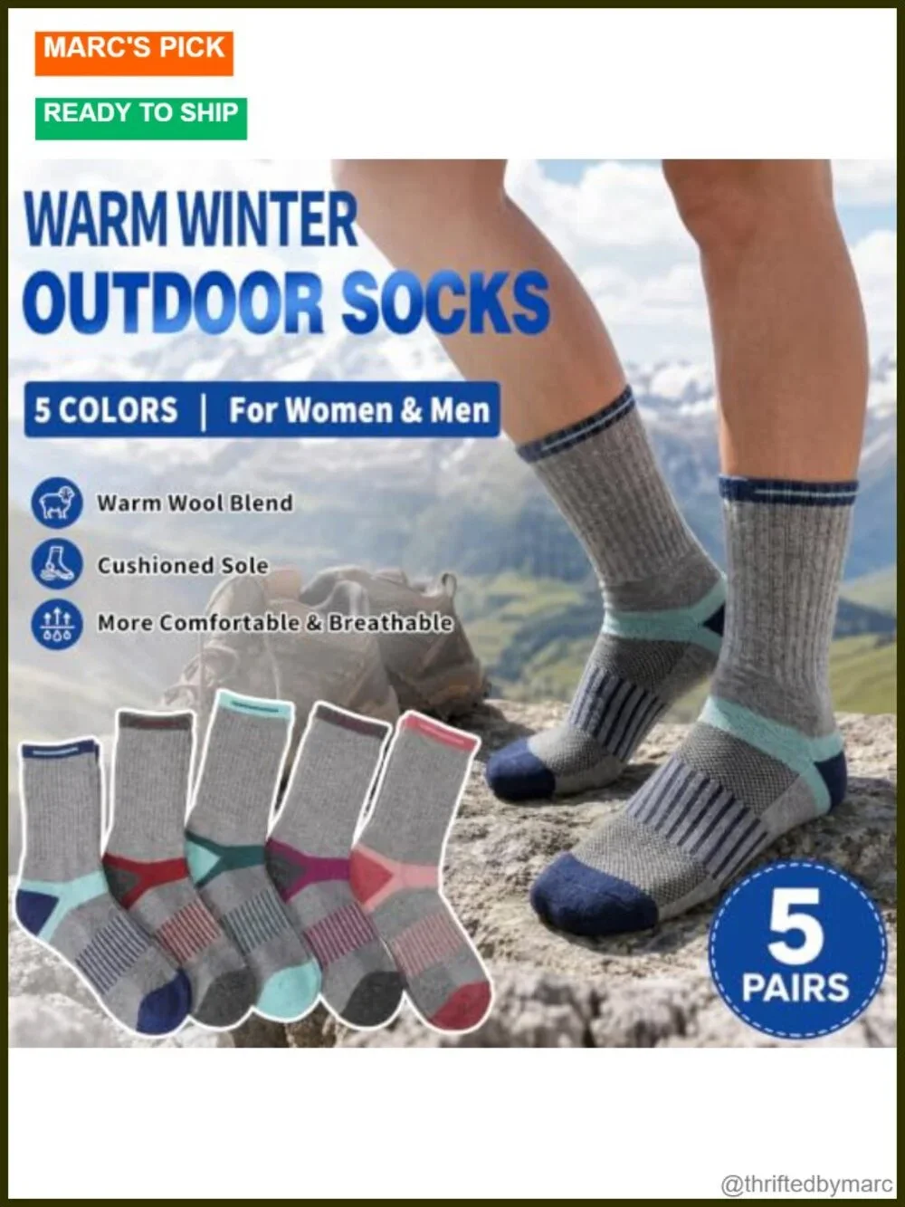 5 Pairs Merino Wool Hiking Socks Warm Thermal Cushioned Moisture Wicking